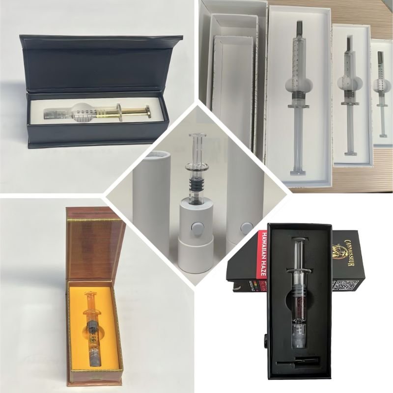 Image of cannabis syringes in the rigid paper packaging boxes