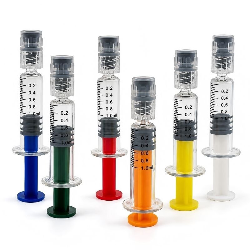 glass syringes with colorful plunger rods