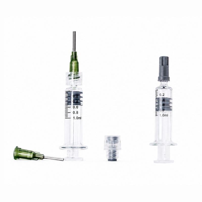 Luer lock glass syringe with blunt tip and luer slip cap syringe